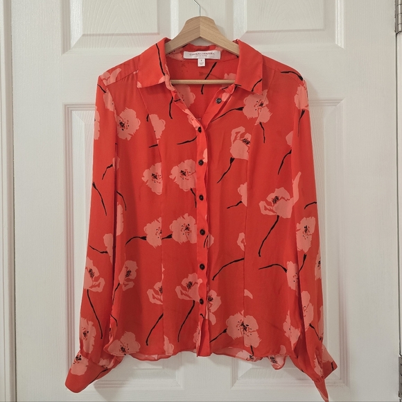 Carolina Herrera Silk Red Poppy Long Sleeve Button Down Top Size 8 - Picture 4 of 10
